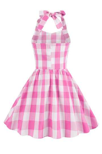 Halter Plaid ærmeløs pink vintage pige kjoler